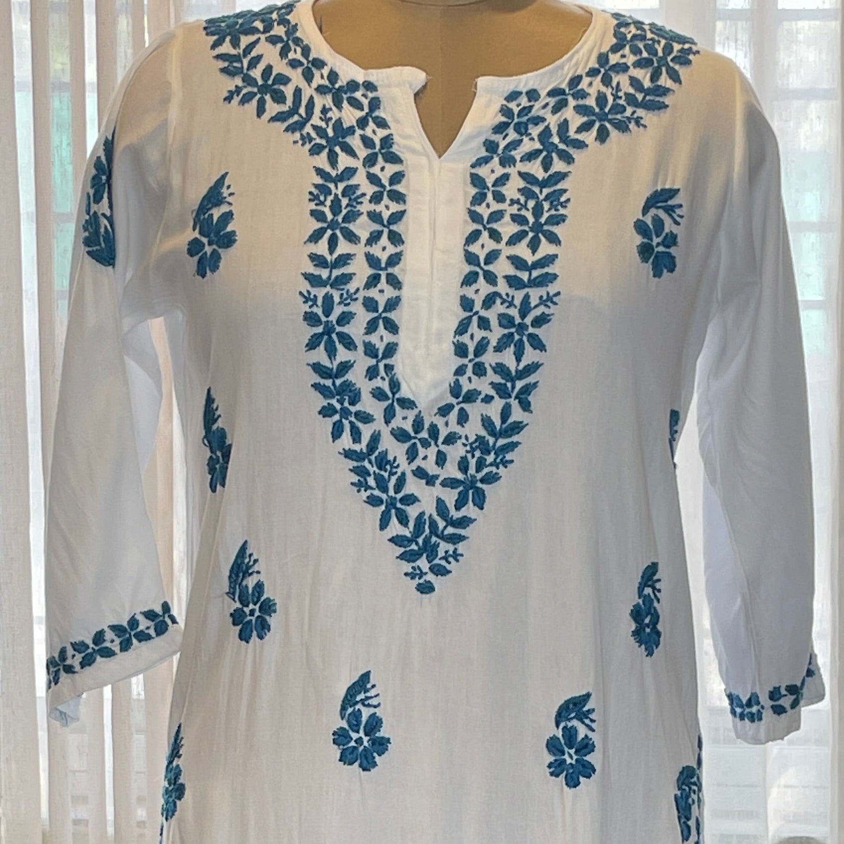 White and Blue Rayon Long Kurti