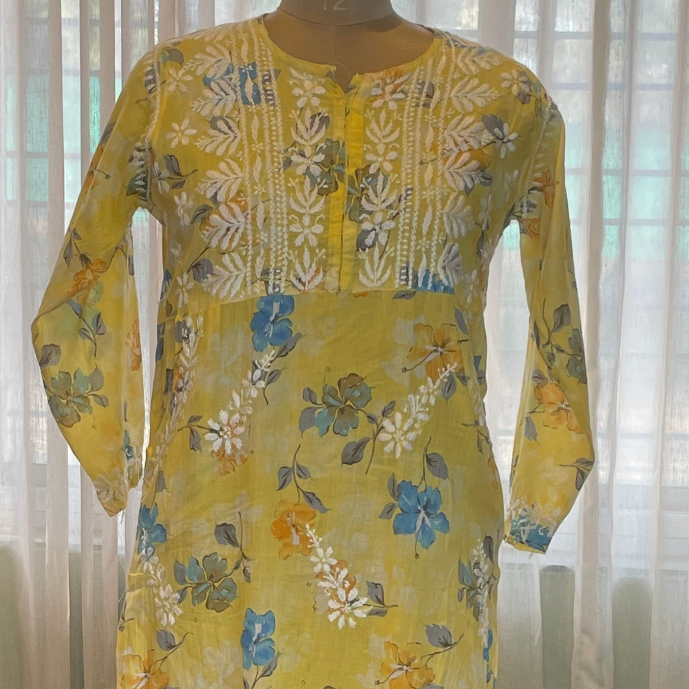 Yellow Chikankari Mulmul Pocket Kurti