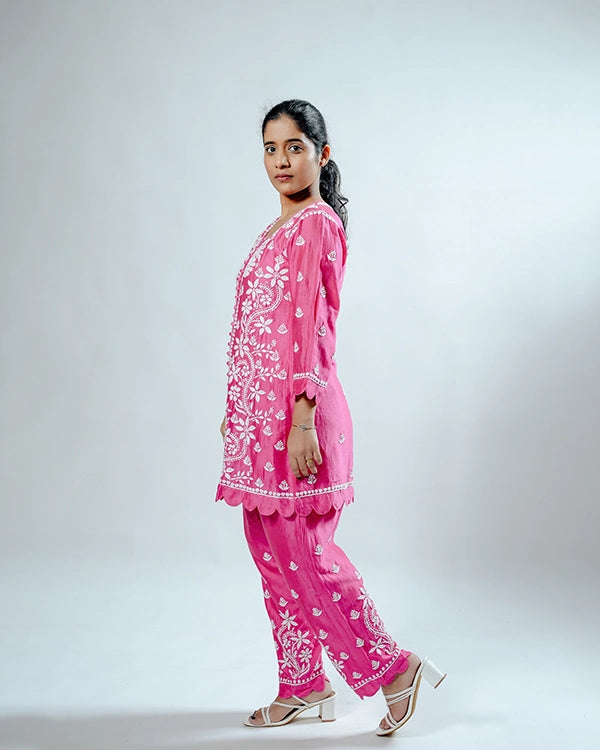 Muslin Co-ord Set With Ghaspatti Chikankari Work