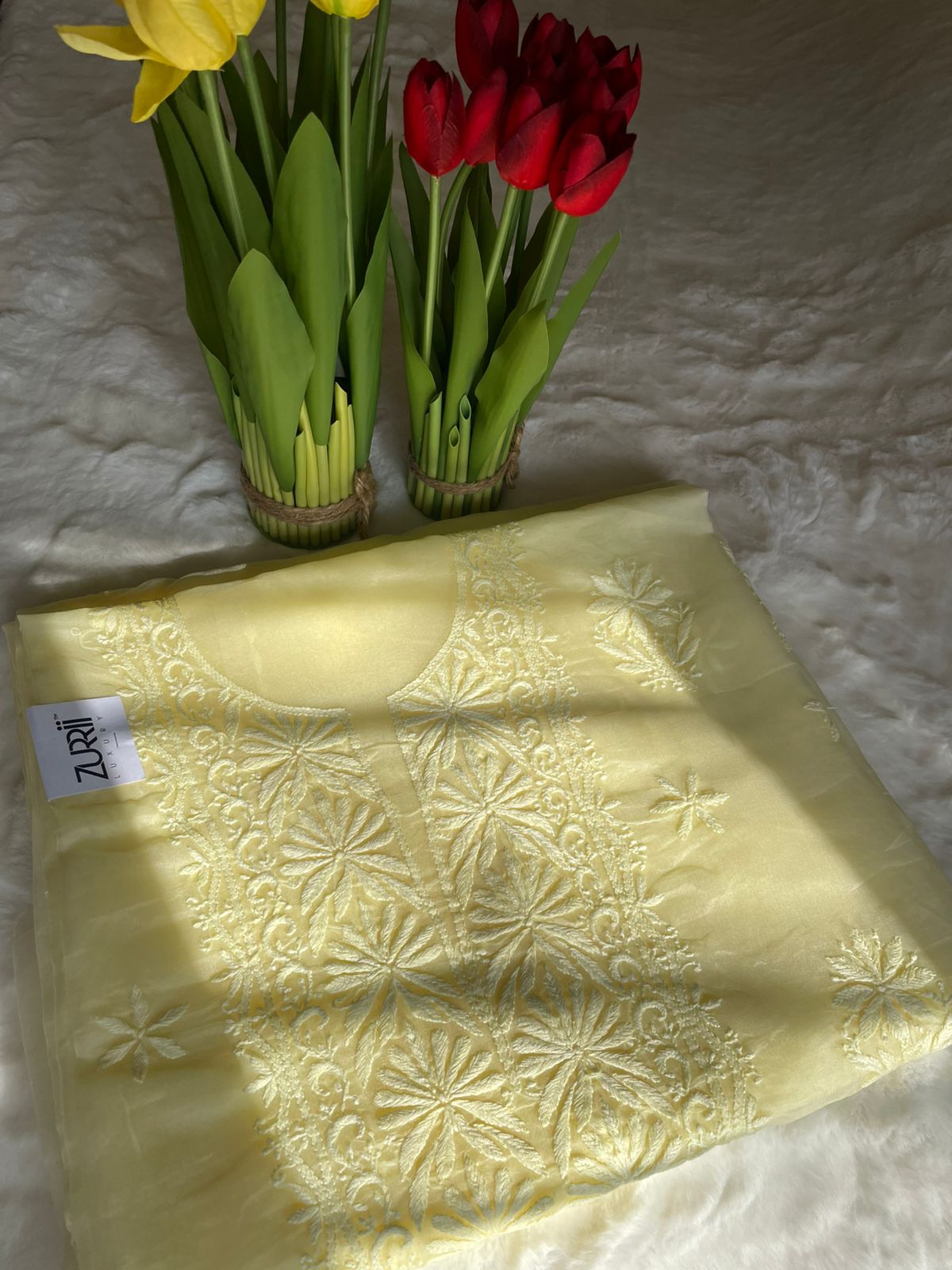 Lemon Yellow Organza Chikankari Unstitched Suit Set