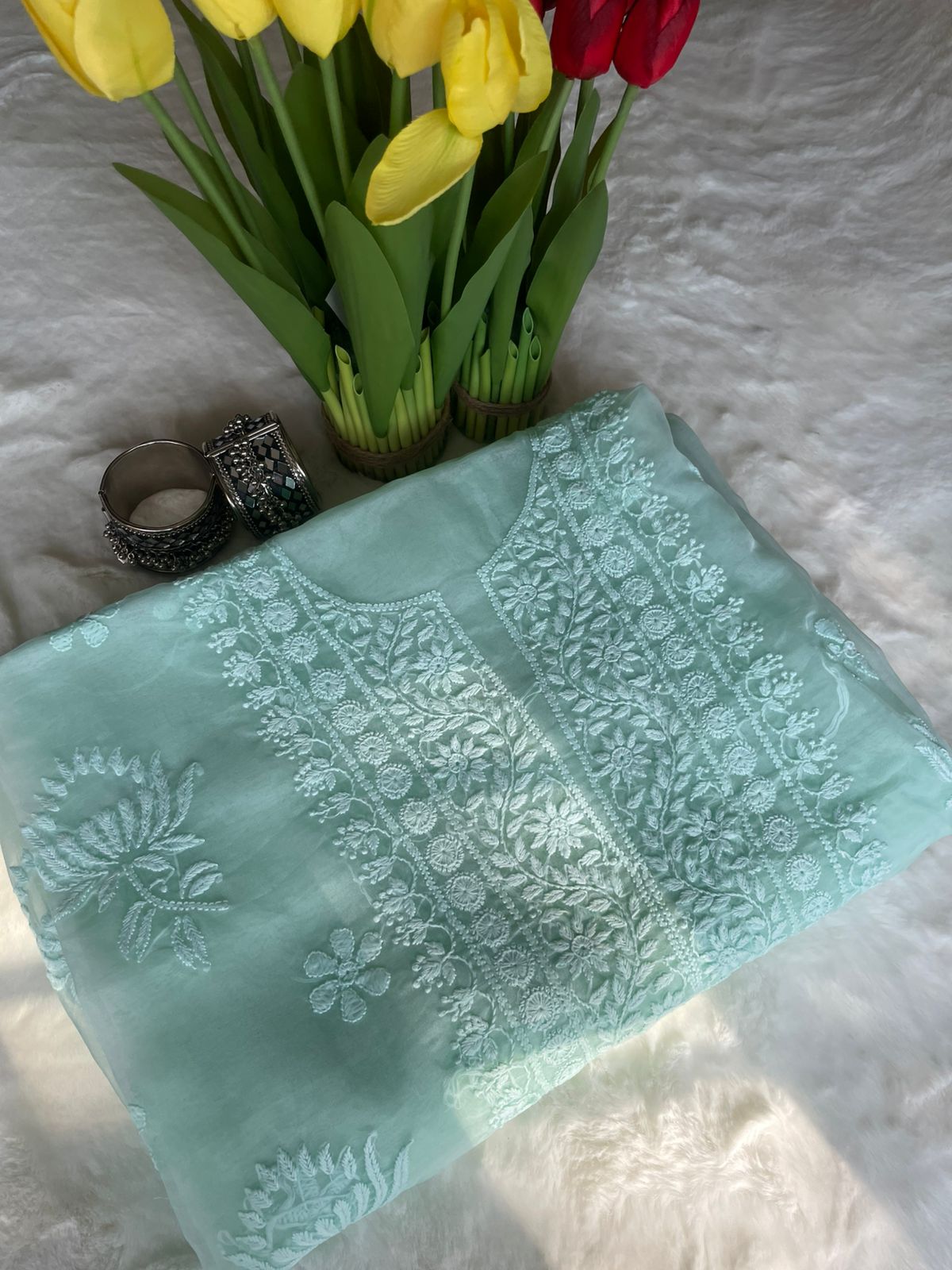 Light Green Organza Chikankari Unstitched Suit Set