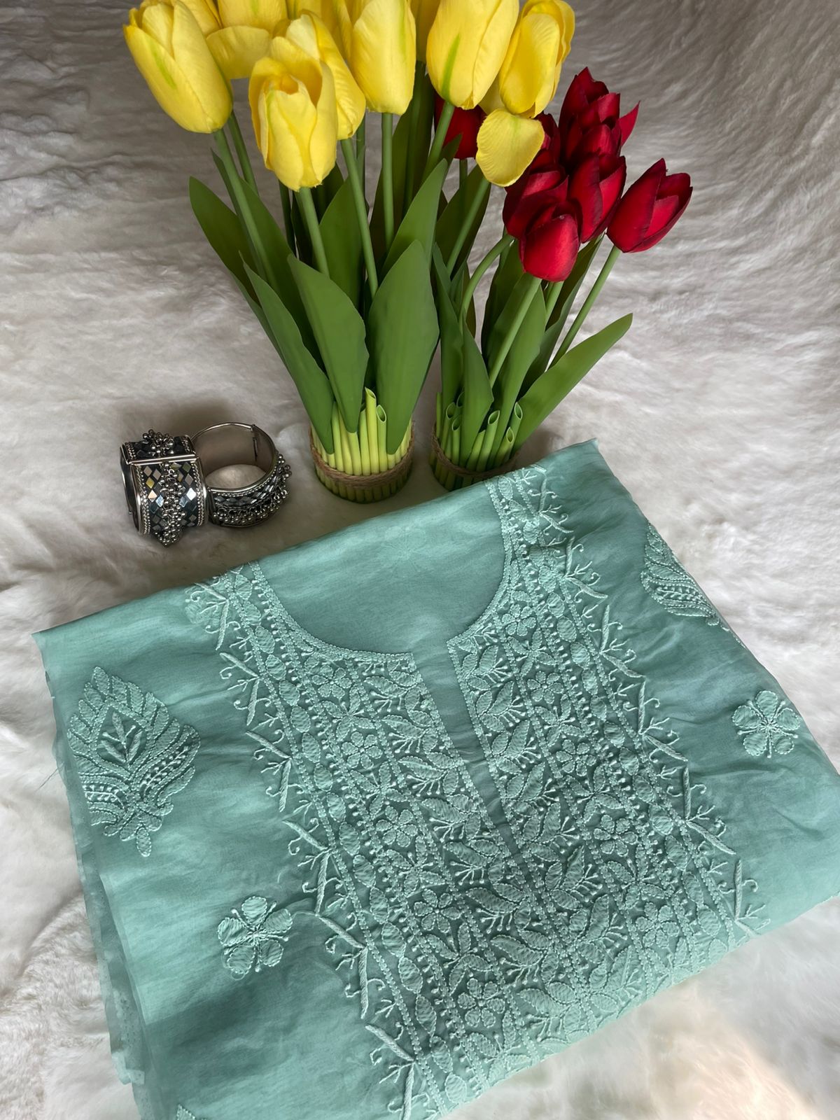 Green Organza Chikankari Unstitched Suit Set