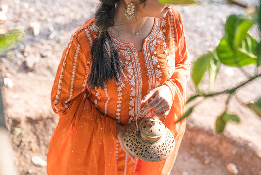 Orange Chikankari MulCotton Suit Set