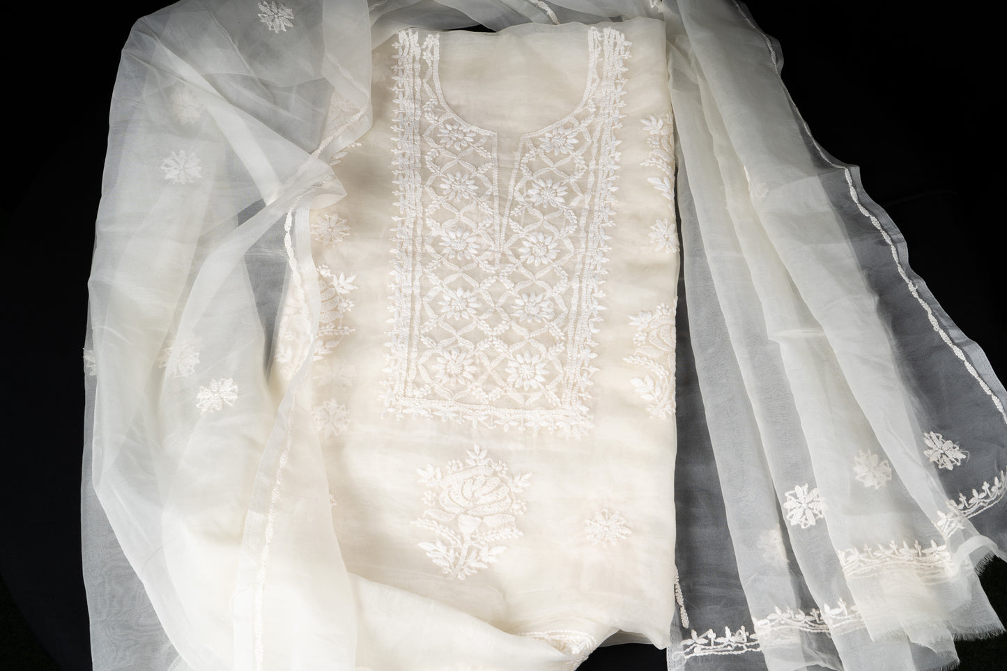 Pearl White Organza Chikankari Unstitched Suit Set