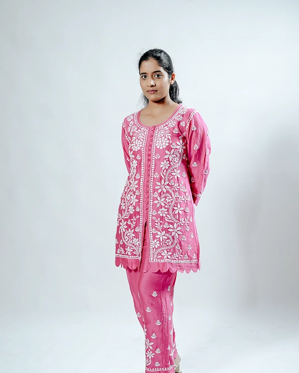 Muslin Co-ord Set With Ghaspatti Chikankari Work