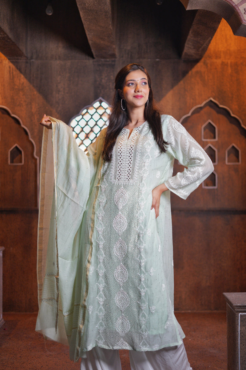 Pantone Pastel Green Mukaish Chikankari Suit Set