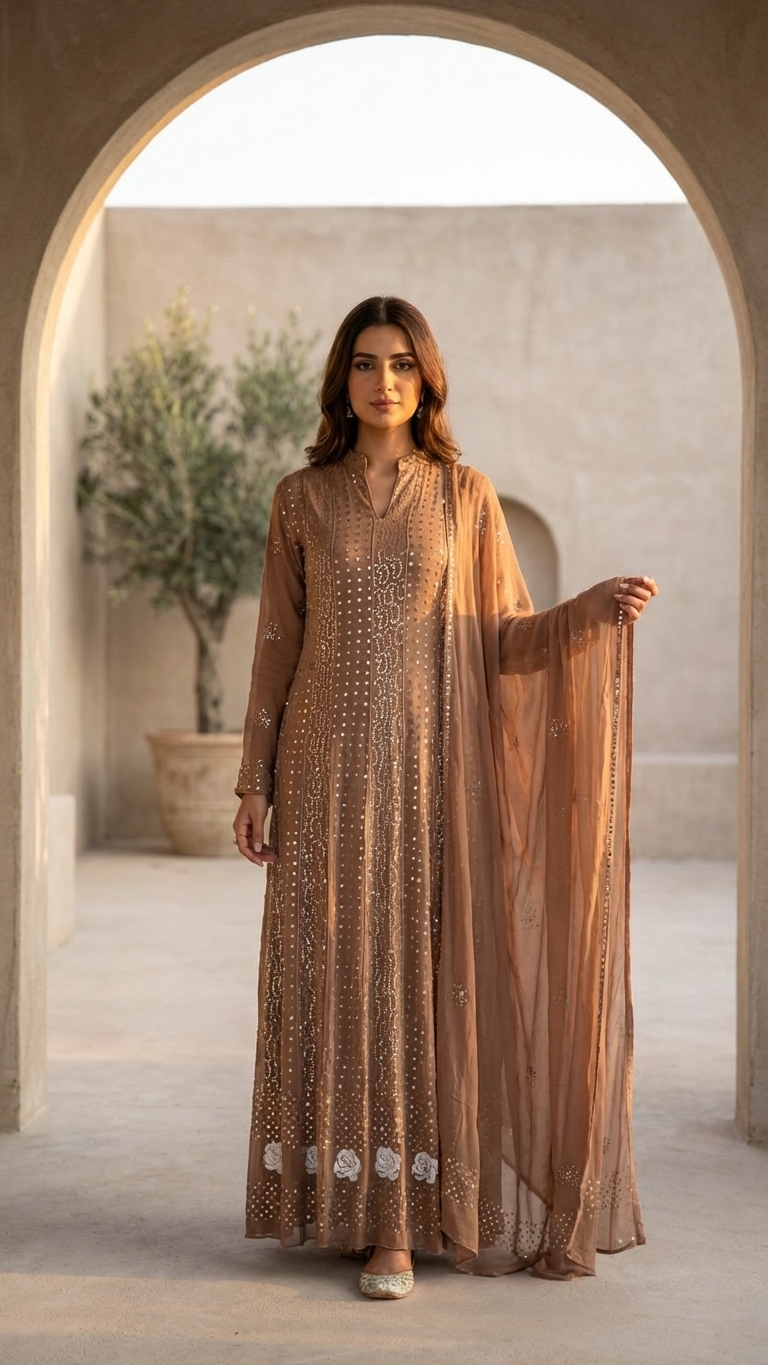 Brown Semistitched Georgette Mukaish Anarkali With Dupatta Zurrii Luxury Brown Semistitched Georgette Mukaish Anarkali With Dupatta Zurrii Luxury