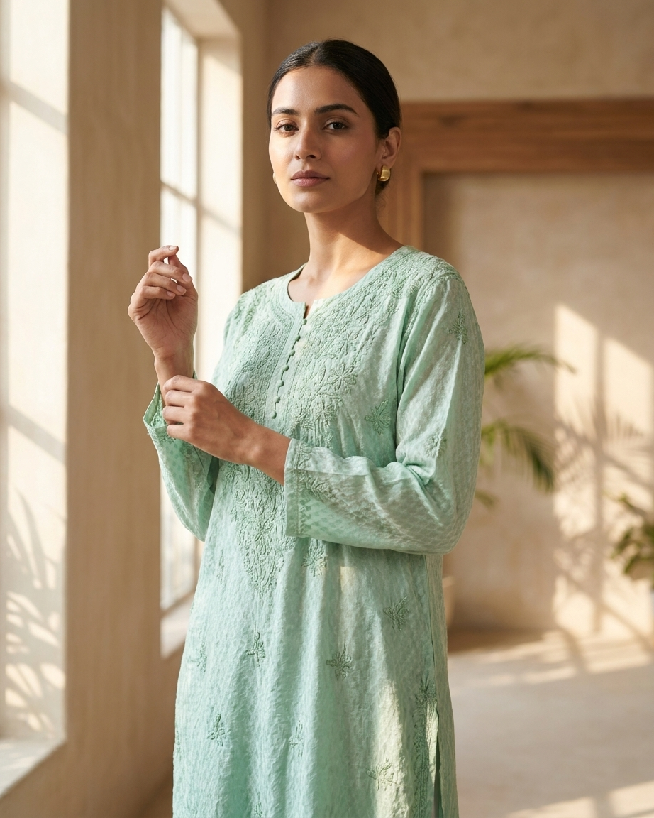Chanderi Chikankari Long Kurta Green