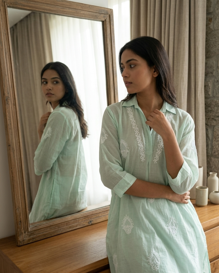 Green Mulchanderi Hi-Low Kurta in Chikankari Work