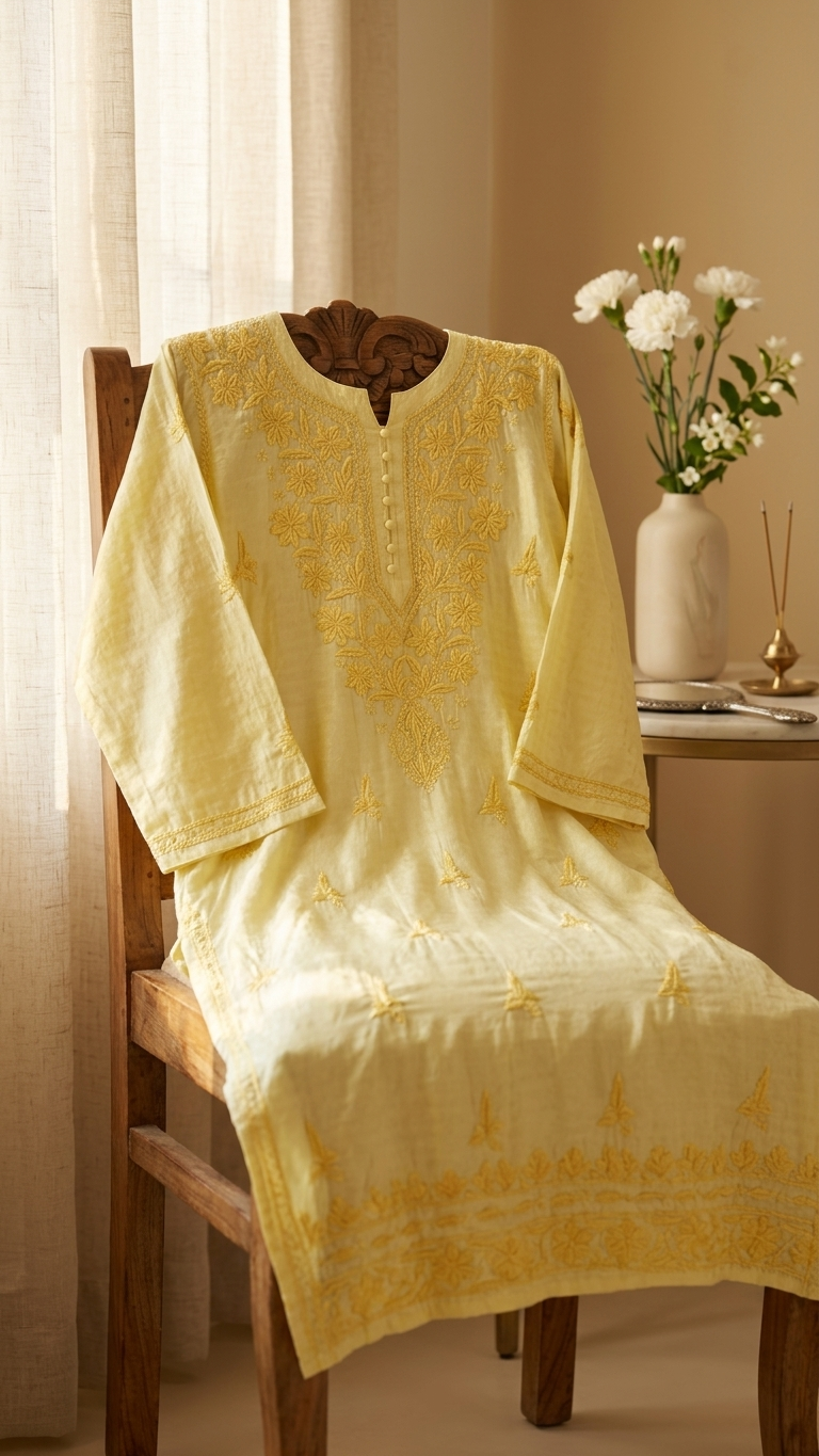 Chanderi Chikankari Long Kurta Yellow