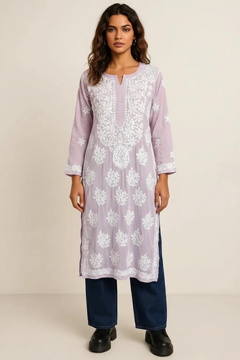 Lavender Readymade Mulcotton Chikankari Kurta