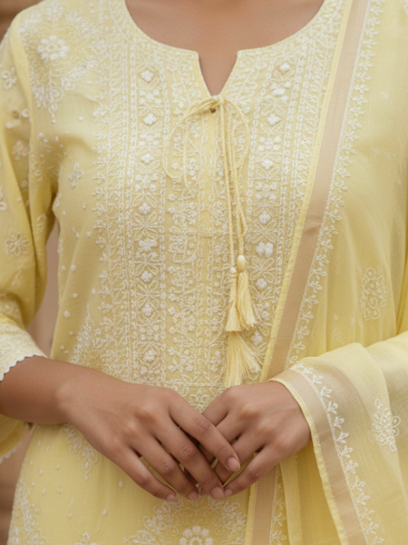 Semistitched Chikankari Mulchanderi With Mukaish Work Suit Set