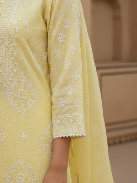 Semistitched Chikankari Mulchanderi With Mukaish Work Suit Set