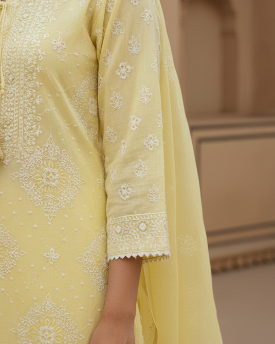 Semistitched Chikankari Mulchanderi With Mukaish Work Suit Set