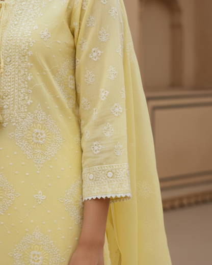Semistitched Chikankari Mulchanderi With Mukaish Work Suit Set