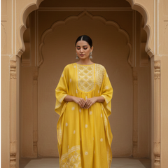 Yellow Silk Chikankari Semistitched Suit Set