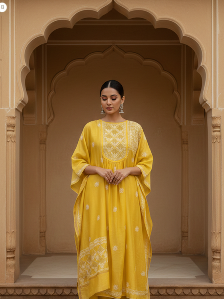 Yellow Silk Chikankari Semistitched Suit Set
