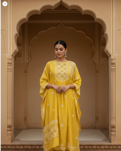Yellow Silk Chikankari Semistitched Suit Set
