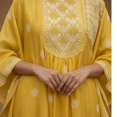 Yellow Silk Chikankari Semistitched Suit Set