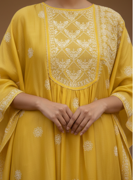Yellow Silk Chikankari Semistitched Suit Set