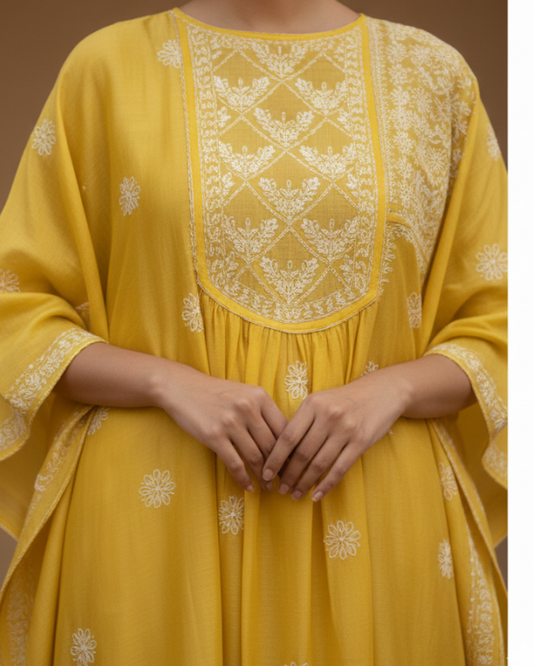 Yellow Silk Chikankari Semistitched Suit Set