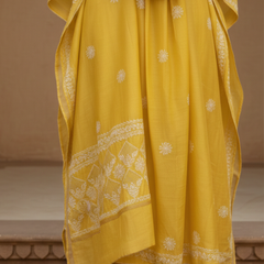 Yellow Silk Chikankari Semistitched Suit Set