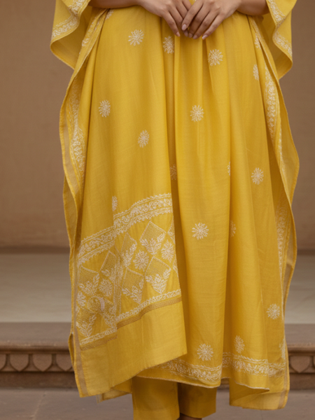 Yellow Silk Chikankari Semistitched Suit Set