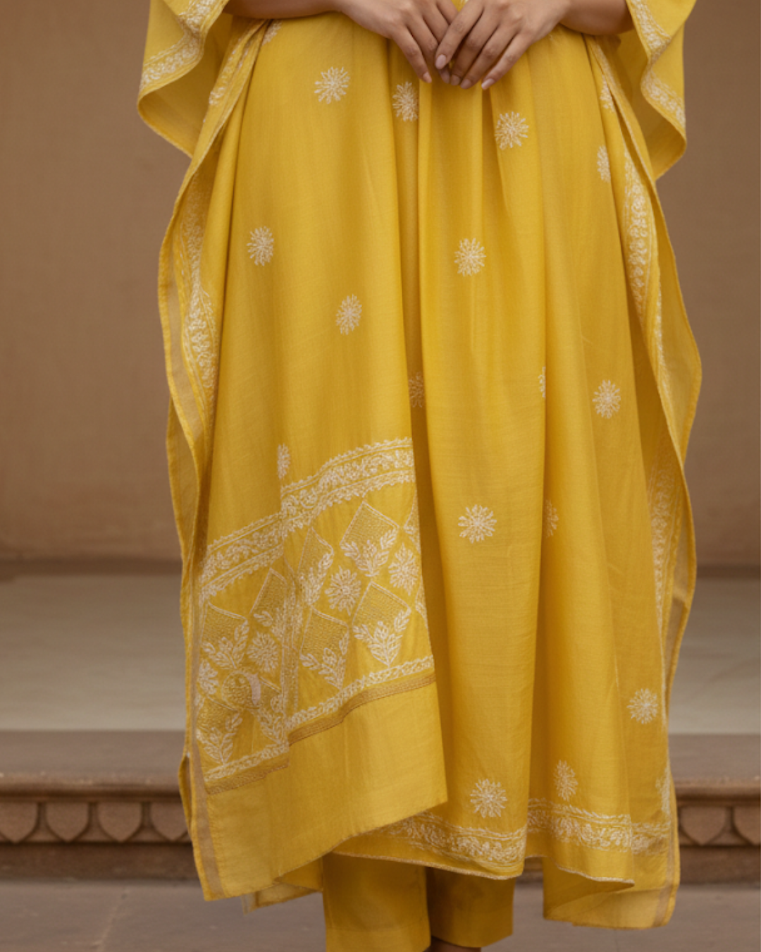 Yellow Silk Chikankari Semistitched Suit Set