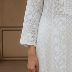 Semistitched White Chikankari Katdana Anarkali Suit Set