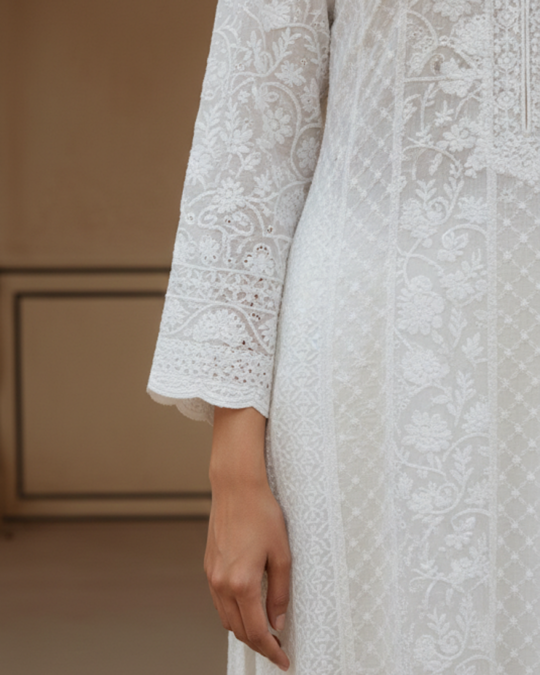 Semistitched White Chikankari Katdana Anarkali Suit Set