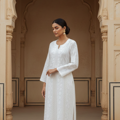 Semistitched White Chikankari Katdana Anarkali Suit Set