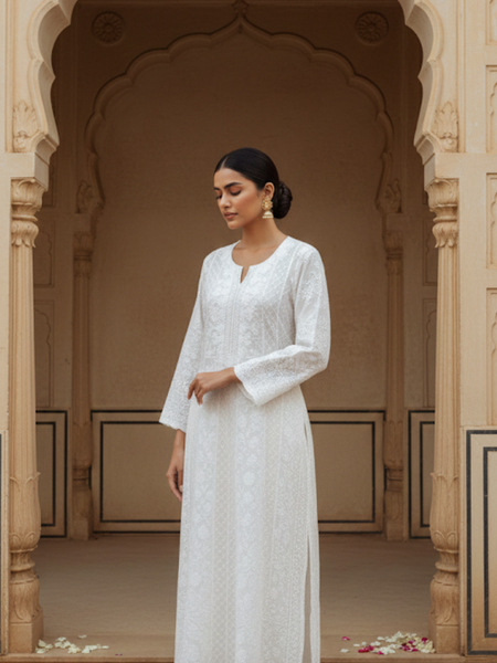 Semistitched White Chikankari Katdana Anarkali Suit Set