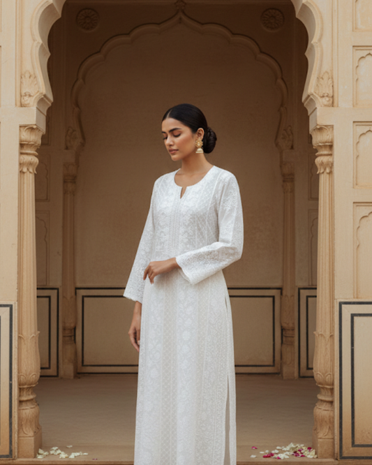 Semistitched White Chikankari Katdana Anarkali Suit Set