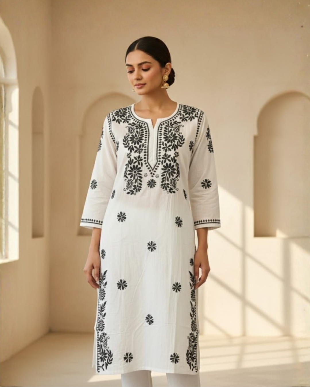Saadgi Black Chikankari White Cotton Long Kurti