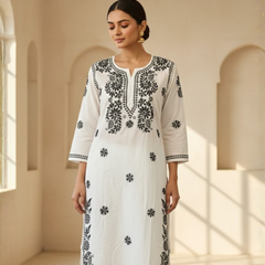 Black Embroidery Chikankari Cotton Long Kurti
