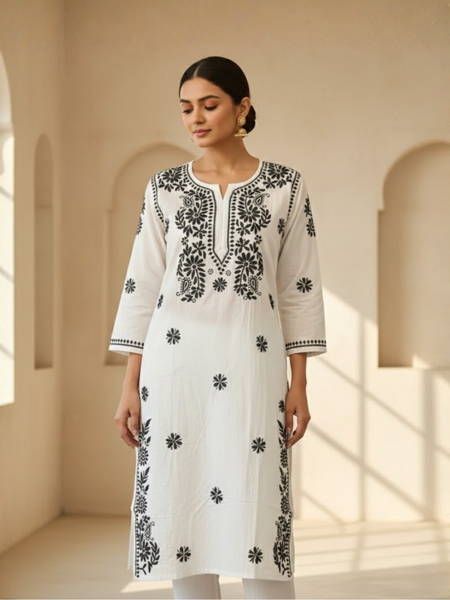 Black Embroidery Chikankari Cotton Long Kurti