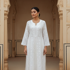 Semistitched White Chikankari Katdana Anarkali Suit Set