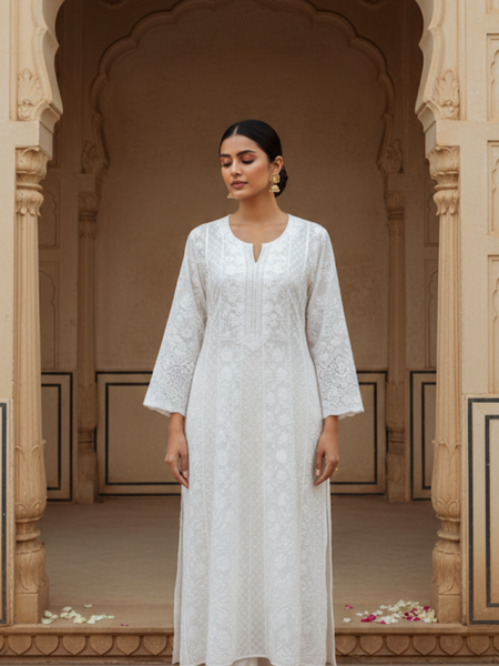 Semistitched White Chikankari Katdana Anarkali Suit Set