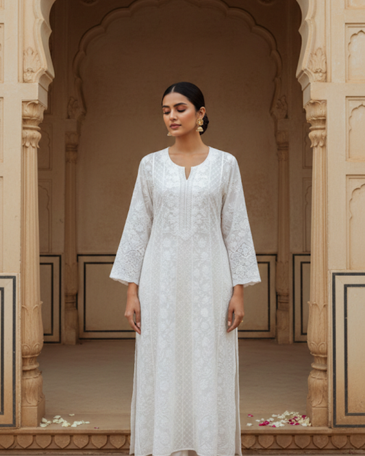 Semistitched White Chikankari Katdana Anarkali Suit Set