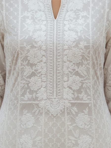 Semistitched White Chikankari Katdana Anarkali Suit Set