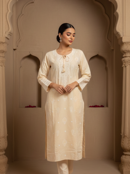 Light Beige Color Semistitched Cotton Suit Set