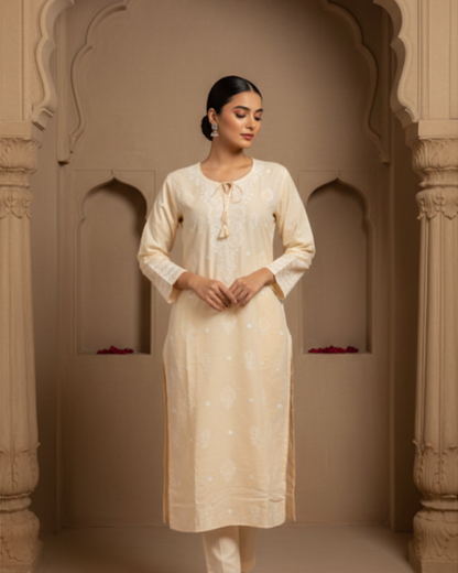 Light Beige Color Semistitched Cotton Suit Set
