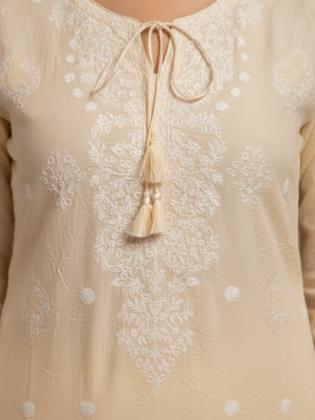 Light Beige Color Semistitched Cotton Suit Set