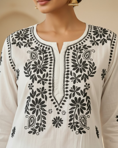 Saadgi Black Chikankari White Cotton Long Kurti