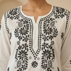 Black Embroidery Chikankari Cotton Long Kurti