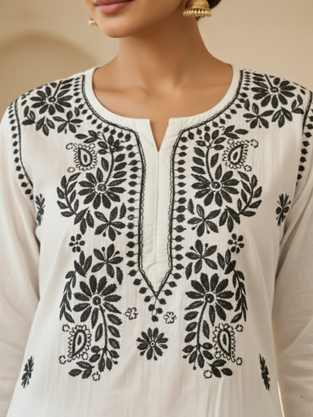 Black Embroidery Chikankari Cotton Long Kurti