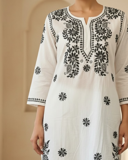 Saadgi Black Chikankari White Cotton Long Kurti