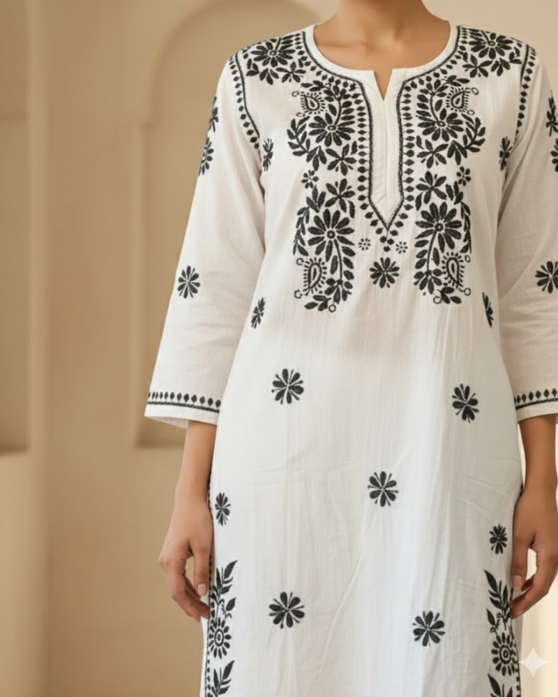 Black Embroidery Chikankari Cotton Long Kurti