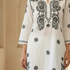 Black Embroidery Chikankari Cotton Long Kurti