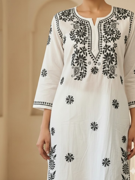 Black Embroidery Chikankari Cotton Long Kurti